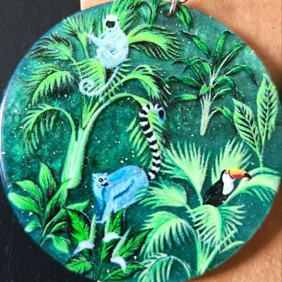 Large Round Acrylic Green Jungle Theme Dangle Earrings - Picture 2 of 2